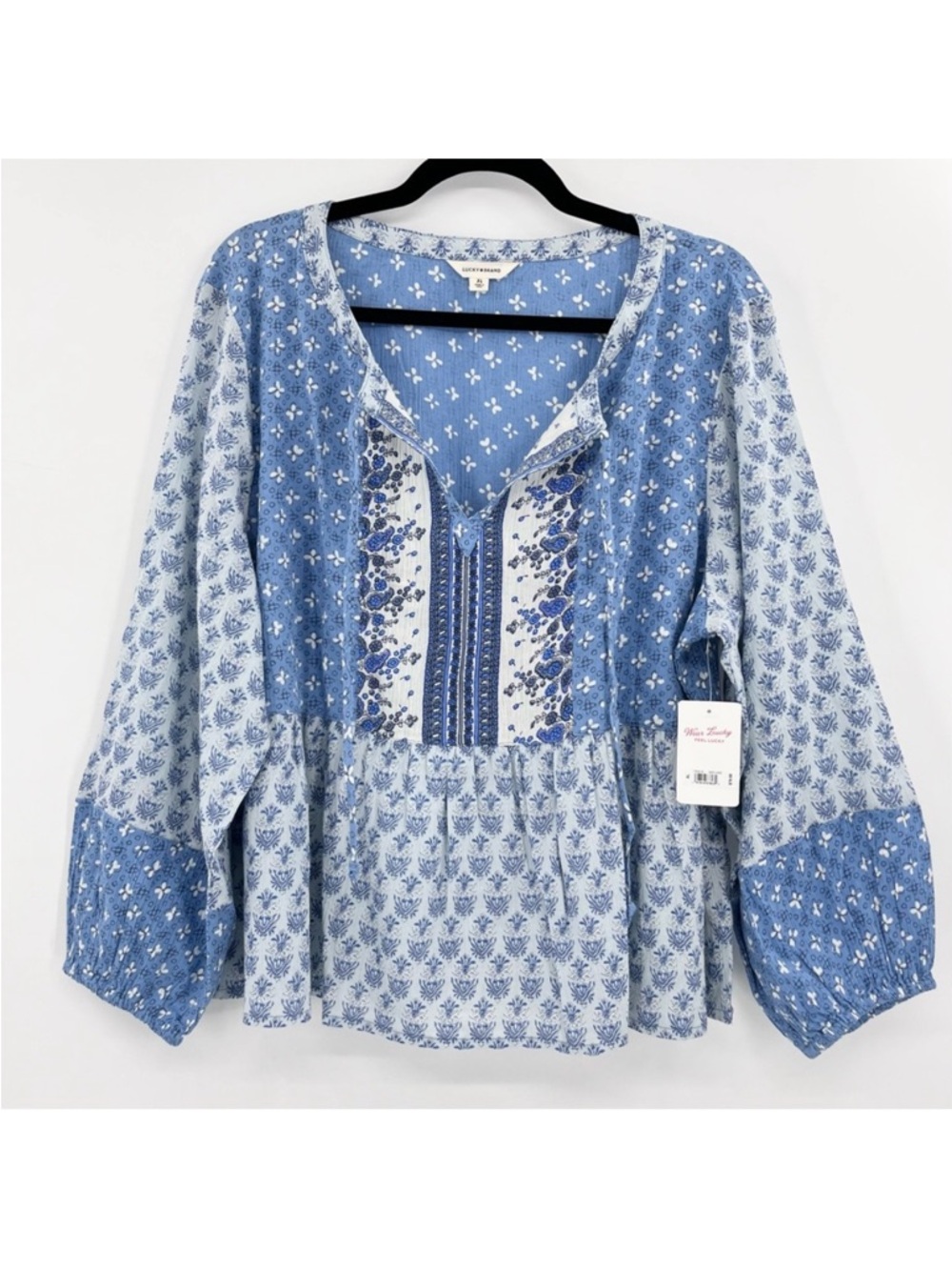 NWT Lucky Brand Blue Boho Mix Print 100% Cotton Peasant Blouse Top XL